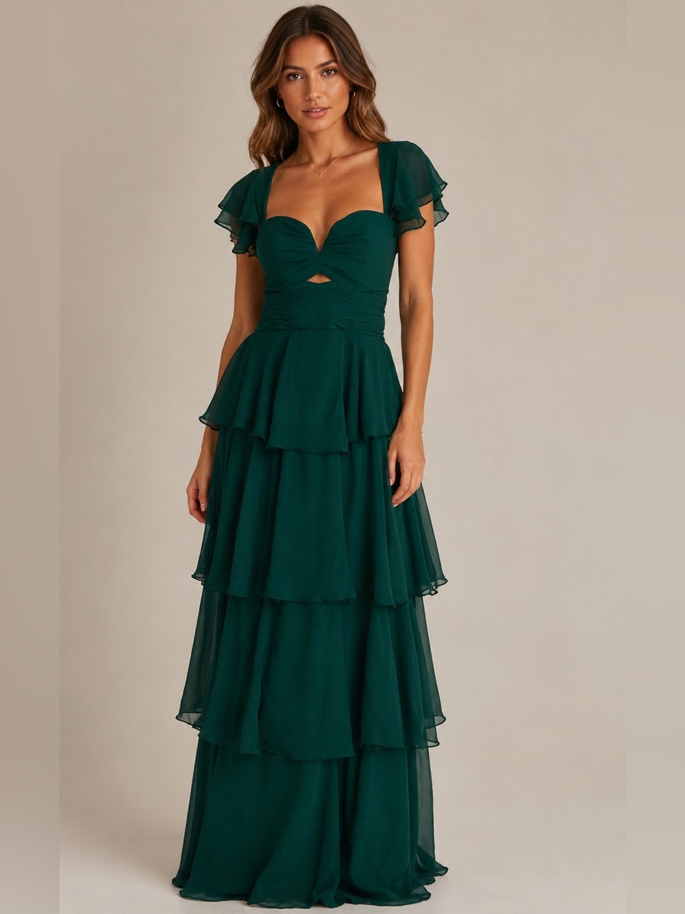 NWT Emerald Green Tiered Chiffon Maxi Dress Corset Back Adjustable Formal